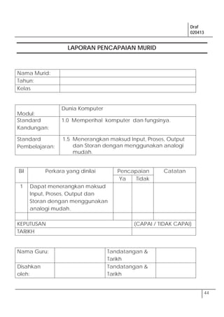 Draf
020413
44
LAPORAN PENCAPAIAN MURID
Nama Murid:
Tahun:
Kelas
Modul:
Dunia Komputer
Standard
Kandungan:
1.0 Memperihal komputer dan fungsinya.
Standard
Pembelajaran:
1.5 Menerangkan maksud Input, Proses, Output
dan Storan dengan menggunakan analogi
mudah.
Bil Perkara yang dinilai Pencapaian Catatan
Ya Tidak
1 Dapat menerangkan maksud
Input, Proses, Output dan
Storan dengan menggunakan
analogi mudah.
KEPUTUSAN (CAPAI / TIDAK CAPAI)
TARIKH
Nama Guru: Tandatangan &
Tarikh
Disahkan
oleh:
Tandatangan &
Tarikh
 