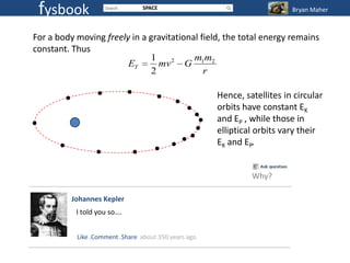 fysbook                         SPACE                                    Bryan Maher



For a body moving freely in a gravitational field, the total energy remains
constant. Thus
                              1           mm
                        ET      mv 2 G 1 2
                              2              r

                                                      Hence, satellites in circular
                                                      orbits have constant EK
                                                      and EP , while those in
                                                      elliptical orbits vary their
                                                      EK and EP.


                                                               Why?

          Johannes Kepler
           I told you so….


           Like .Comment .Share about 350 years ago
 