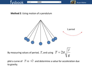 fysbook                   SPACE                                 Bryan Maher




   Method 2: Using motion of a pendulum




                                                       1 period




                                                        l
By measuring values of period, T, and using   T   2
                                                        g
plot a curve of T vs   l and determine a value for acceleration due
to gravity.
 