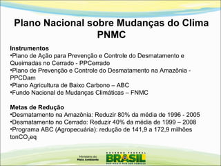 Plano Nacional sobre Mudanças do Clima
PNMC
Instrumentos
•Plano de Ação para Prevenção e Controle do Desmatamento e
Queimadas no Cerrado - PPCerrado
•Plano de Prevenção e Controle do Desmatamento na Amazônia -
PPCDam
•Plano Agricultura de Baixo Carbono – ABC
•Fundo Nacional de Mudanças Climáticas – FNMC
Metas de Redução
•Desmatamento na Amazônia: Reduzir 80% da média de 1996 - 2005
•Desmatamento no Cerrado: Reduzir 40% da média de 1999 – 2008
•Programa ABC (Agropecuária): redução de 141,9 a 172,9 milhões
tonCO2eq
 