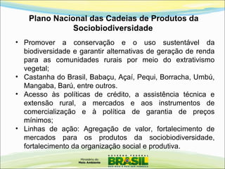 • Promover a conservação e o uso sustentável da
biodiversidade e garantir alternativas de geração de renda
para as comunidades rurais por meio do extrativismo
vegetal;
• Castanha do Brasil, Babaçu, Açaí, Pequi, Borracha, Umbú,
Mangaba, Barú, entre outros.
• Acesso às políticas de crédito, a assistência técnica e
extensão rural, a mercados e aos instrumentos de
comercialização e à política de garantia de preços
mínimos;
• Linhas de ação: Agregação de valor, fortalecimento de
mercados para os produtos da sociobiodiversidade,
fortalecimento da organização social e produtiva.
Plano Nacional das Cadeias de Produtos da
Sociobiodiversidade
 