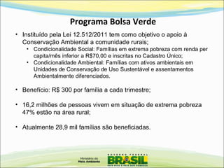 • Instituído pela Lei 12.512/2011 tem como objetivo o apoio à
Conservação Ambiental a comunidade rurais;
• Condicionalidade Social: Famílias em extrema pobreza com renda per
capita/mês inferior a R$70,00 e inscritas no Cadastro Único;
• Condicionalidade Ambiental: Famílias com ativos ambientais em
Unidades de Conservação de Uso Sustentável e assentamentos
Ambientalmente diferenciados.
• Benefício: R$ 300 por família a cada trimestre;
• 16,2 milhões de pessoas vivem em situação de extrema pobreza
47% estão na área rural;
• Atualmente 28,9 mil famílias são beneficiadas.
Programa Bolsa Verde
 