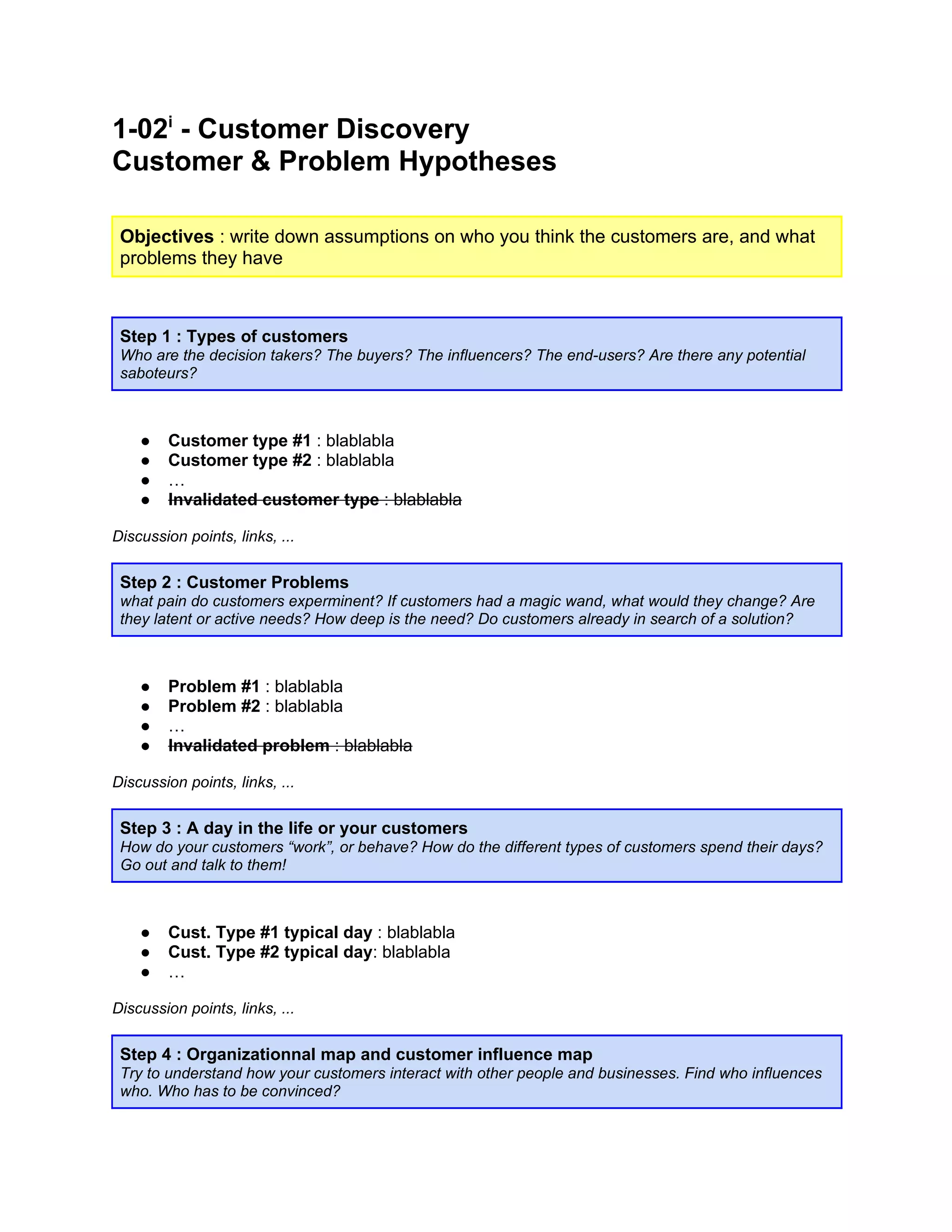 1 02 - customer discovery - customer & problem hypotheses | DOC