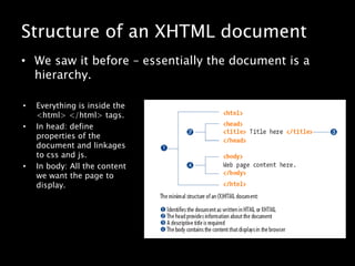 Structure of an XHTML documentWe saw it before – essentially the document is a hierarchy.Everything is inside the <html> </html> tags.