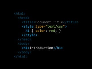 <html>  <head>    <title>Document Title</title>    <style type="text/css">      h1 { color: red; }    </style>  </head>  <body>    <h1>Introduction</h1>  </body></html>