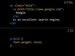 HTML<p class="bold">  <a href="http://www.google.com">    Google </a>is an excellent search engine.</p>CSSp.bold {font-weight: bold;}