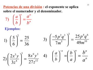 Ejemplos: Potencias de una división  :  el exponente se aplica sobre el numerador y el denominador. 