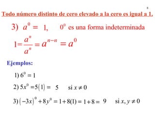 Ejemplos: Todo número distinto de cero elevado a la cero es igual a 1.  