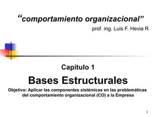 “”“comportamiento                 organizacional”
                                       prof. ing. Luis F. Hevia R




                                .

                        Capítulo 1

         Bases Estructurales
Objetivo: Aplicar las componentes sistémicas en las problemáticas
       del comportamiento organizacional (CO) a la Empresa


                                                                1
 