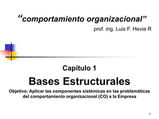 1
“”“comportamiento organizacional”
prof. ing. Luis F. Hevia R
.
Capítulo 1
Bases Estructurales
Objetivo: Aplicar las componentes sistémicas en las problemáticas
del comportamiento organizacional (CO) a la Empresa
 