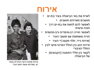 אירוח לארח את באי הביאנלה בעיר בת - ים  תושבים מארחים תושבים לאפשר להם לחוות את בת - ים דרך חוויה אישית לאפשר חוייה רב - מימדית ורב - תחומית  חוייה משותפת עם תושבי העיר  אירוח נייד ,  תלוי מקום  (=  העיר ) אירוח הנע בין החלל הפרטי - אישי לבין החלל הציבורי לקשר בין חללי התצוגה  ( הקבועים )  של הביאנלה אירוח מלכת היופי הניגרית בבת - ים ,  מארחת אשת ראש העיר 