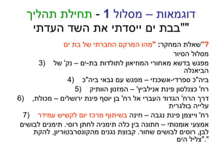 דוגמאות – מסלול  1  -  תחילת תהליך " בבת ים ייסדתי את השד העדתי " שאלת המחקר :  " מהו המרקם החברתי של בת ים ?" מסלול הסיור מפגש בדשא מאחורי המוזיאון לתולדות בת - ים – נק '  של הביאנלה ביה " כ ספרדי - אשכנזי – מפגש עם גבאי ביה " כ רח '  כצנלסון פינת אנילביץ ' –  המזנון הוותיק דרך הרח '  הגדוד העברי אל רח '  בן יוסף פינת ירושלים – מכולת ,  עלייה בולגרית רח '  וייצמן פינת נגבה – חינה  בשיתוף מרכז יום לקשיש עמידר אמצעי אומנותי  – חתונה בין כלה תימניה לחתן רוסי .  תימנים לבושים לבן ,  רוסים לבושים שחור .  קבוצת נגנים מהקונסרבטוריון ,  להקת  " צליל הים ". 