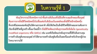 18
ใบความรู้ที่ 1
พันธุวิศวกรรมใช้เทคนิคการนาชิ้นส่วนดีเอ็นเอซึ่งมียีนที่ควบคุมลักษณะที่มนุษย์
ต้องการจากสิ่งมีชีวิตชนิดหนึ่งไปเชื่อมต่อกับดีเอ็นเอในเซลล์ของสิ่งมีชีวิตอีกชนิดหนึ่ง
ซึ่งปกติไม่เคยผสมพันธุ์กันได้ตามธรรมชาติ เพื่อให้เกิดเป็นสิ่งมีชีวิตที่มีลักษณะตามต้องการ
เรียกสิ่งมีชีวิตที่ถูกสร้างขึ้นมาใหม่นี้ว่า สิ่งมีชีวิตดัดแปรพันธุกรรมหรือจีเอ็มโอ (genetically
modified organisms หรือ GMOs) เช่น แบคทีเรียดัดแปรพันธุกรรมที่ได้รับยีนควบคุม
การสร้างอินซูลินของมนุษย์ ทาให้สามารถสร้างอินซูลินซึ่งเป็นฮอร์โมนสาหรับรักษาผู้ป่วย
โรคเบาหวานได้
 