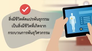 25
สิ่งมีชีวิตดัดแปรพันธุกรรม
เป็นสิ่งมีชีวิตที่เกิดจาก
กระบวนการพันธุวิศวกรรม
 