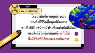 โดยนายีนที่ควบคุมลักษณะ
ของสิ่งมีชีวิตที่มนุษย์ต้องการ
จากสิ่งมีชีวิตชนิดหนึ่งไปเชื่อมต่อกับดีเอ็นเอ
ของสิ่งมีชีวิตอีกชนิดหนึ่งทาให้ได้
สิ่งมีชีวิตที่มีลักษณะตามต้องการ
 