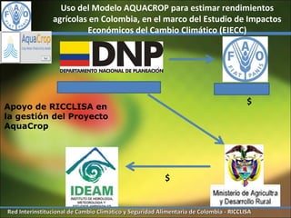 Uso del Modelo AQUACROP para estimar rendimientos
                agrícolas en Colombia, en el marco del Estudio de Impactos
                         Económicos del Cambio Climático (EIECC)




Apoyo de RICCLISA en
la gestión del Proyecto
AquaCrop




Red Interinstitucional de Cambio Climático y Seguridad Alimentaria de Colombia - RICCLISA
 