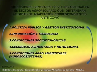 DIMENSIONES GENERALES DE VULNERABILIDAD EN
           EL SECTOR AGROPECUARIO QUE DETERMINAN
          MEDIDAS DE ADAPTACIÓN CORRESPONDIENTES
                         ANTE CC/VC


       1.POLÍTICA PÚBLICA Y GESTIÓN INSTITUCIONAL

       2.INFORMACIÓN Y TECNOLOGÍA

       3.CONDICIONES SOCIOECONÓMICAS

       4.SEGURIDAD ALIMENTARIA Y NUTRICIONAL

       5.CONDICIONES AGRO AMBIENTALES
       (AGROECOSISTEMAS)


Boshell, 2012
 Red Interinstitucional de Cambio Climático y Seguridad Alimentaria de Colombia - RICCLISA
 