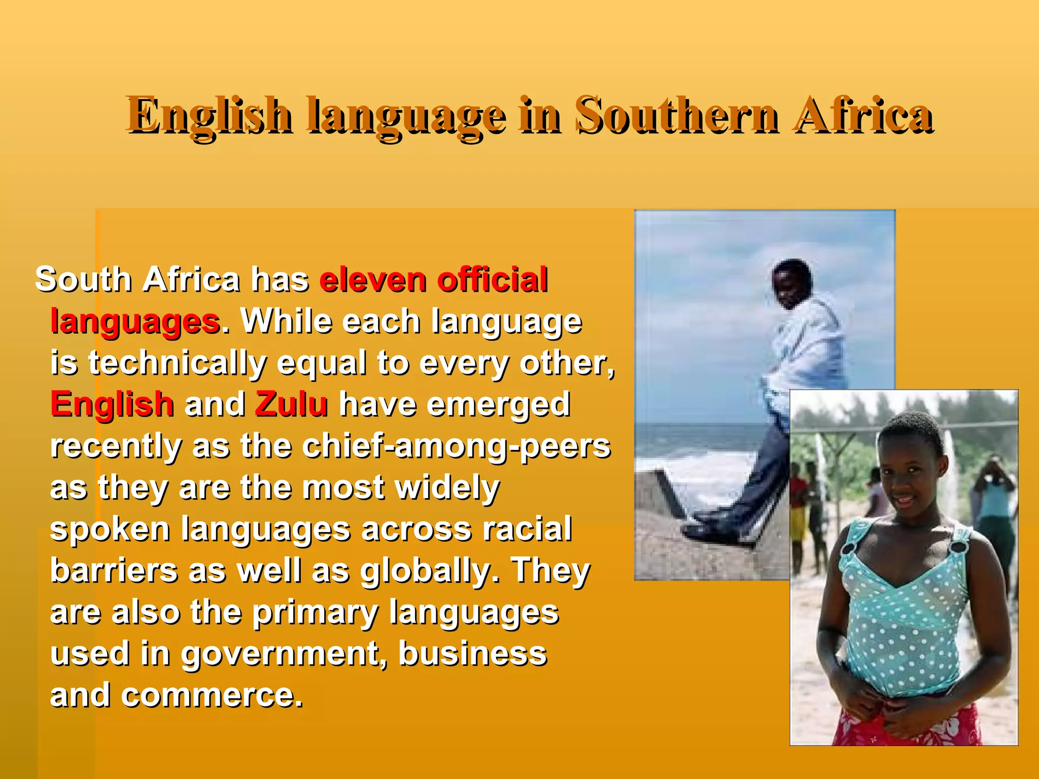 English language in Southern Africa South Africa has  eleven official languages . While each language is technically equal to every other,  English   and  Zulu  have emerged recently as the chief-among-peers as they are the most widely spoken languages across racial barriers as well as globally. They are also the primary languages used in government, business and commerce. 