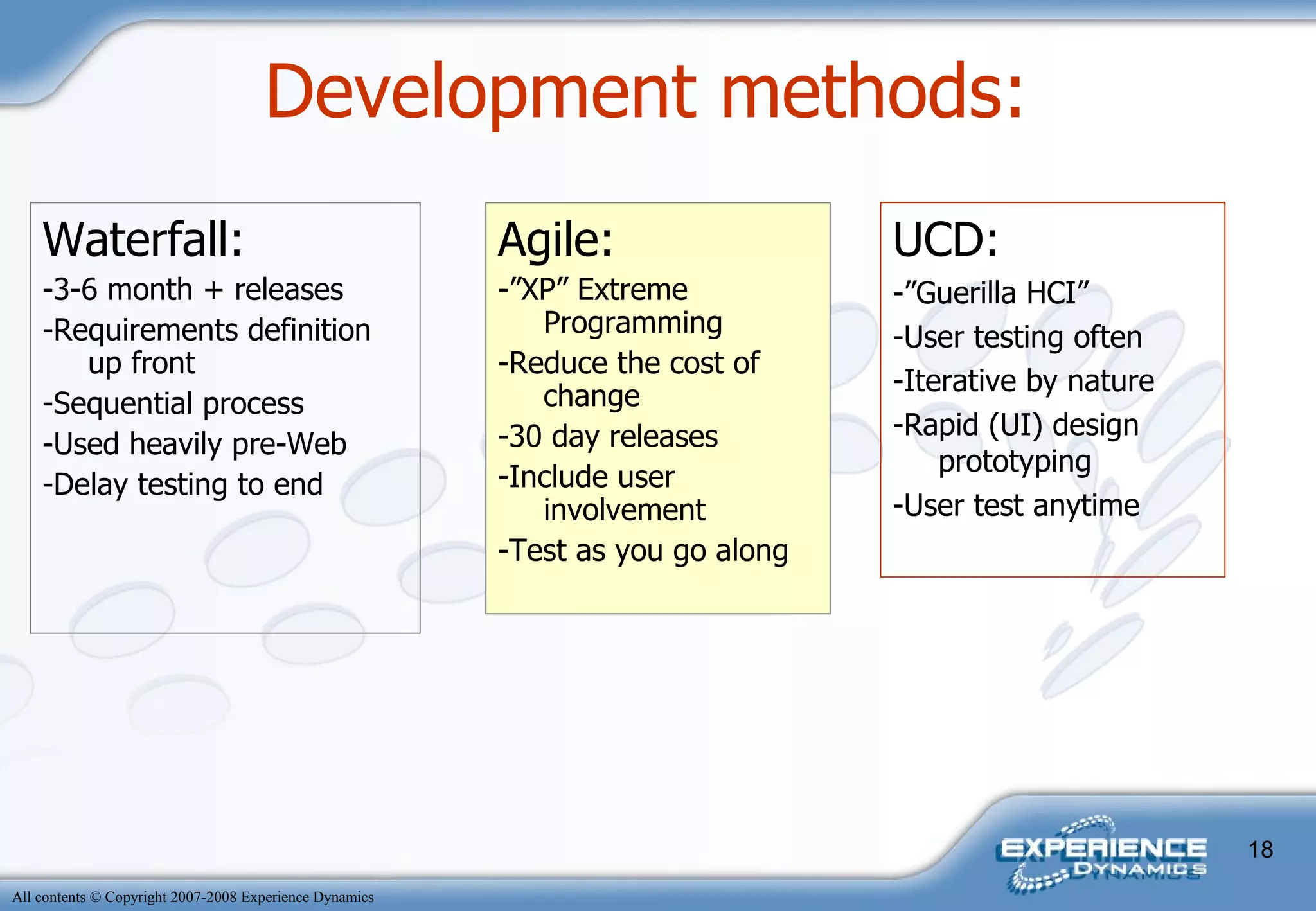 Development methods:  Waterfall: -3-6 month + releases -Requirements definition up front -Sequential process -Used heavily pre-Web -Delay testing to end Agile: -”XP” Extreme Programming -Reduce the cost of change -30 day releases -Include user involvement -Test as you go along UCD: -”Guerilla HCI” -User testing often -Iterative by nature -Rapid (UI) design prototyping -User test anytime 