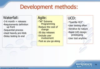 Development methods:  Waterfall: -3-6 month + releases -Requirements definition up front -Sequential process -Used heavily pre-Web -Delay testing to end Agile: -”XP” Extreme Programming -Reduce the cost of change -30 day releases -Include user involvement -Test as you go along UCD: -”Guerilla HCI” -User testing often -Iterative by nature -Rapid (UI) design prototyping -User test anytime 