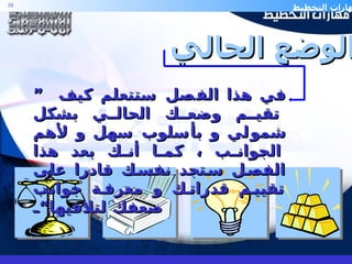 الوضع الحالي ”  في هذا الفصل ستتعلم كيف تقيم وضعك الحالي بشكل شمولي و بأسلوب سهل و لأهم الجوانب ، كما أنك بعد هذا الفصل ستجد نفسك قادرا على تقييم قدراتك و معرفة جوانب ضعفك لتلافيها“ 