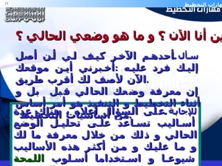 أين أنا الآن ؟ و ما هو وضعي الحالي ؟ للإجابة  على السؤال أعلاه ، هناك عدة أساليب تساعد على تحليل الوضع الحالي و ذلك من خلا ل  معرفة ما لك و ما عليك و من أكثر هذه الأساليب شيوعا و استخداما أسلوب  اللمحة السريعة  SWOT analysis سأل  أحدهم الآخر كيف لي أن أصل إليك فرد عليه  : أخبرني أين موقعك الآن لأصف لك أقرب طريق . إن معرفة وضعك الحالي قبل  بل و أثناء التخطيط و التنفيذ هو أمر أساس من أساسيات التخطيط  .  