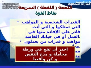 اللمحة  (  اللقطة  )  السريعة   نقاط القوة القدرات الشخصية و المواهب التي تمتلكها و التي أنت قادر على الإفادة منها في العمل أو في حياتك الخاصة . مواهب و قدرات من يعملون معك . مميزات و حسنات العمل التي يتمتع بها . احذر أن تقع في ورطة مجاملة و مدح النفس  و كن واقعيا 