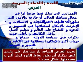 اللمحة  (  اللقطة  )  السريعة  الفرص الميـ ادين التي تملك فيها فرصا إما في مجال نشاطك الحالي أو خارجه والأمور التي لم تأخذها في عين الاعتبار . تطورات تقنية  :  الحواسيب و الاتصالات و الإنترنت بالإمكان استغلالها في التسويق و الدعوة و الانفتاح على العالم و تنظيم العمل بأقل التكاليف و بأعلى جودة . تغيّرات في سياسة الدولة  :  سماح و حريات أكثر بالإمكان استغلالها في الكتابة و التعبير و التوجيه . التحولات في النماذج الاجتماعية  :  زيادة عدد الشباب فتقوم بمشاريع تلائم هذه الفئة تحديد الفرص المتاحة لك يساعدك على تقييم كيف يمكنك أن تطور نقاط القوة لديك أكثر و تستعملها بشكل مفيد ؟ 