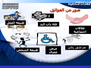 عدم الشعور بالأمن مرض عضال علاقات اجتماعية طبيعة الشخص كثرة الفتن قلة ذات اليد صور من العوائق طبيعة العمل 