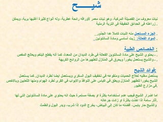   شي ــــــ ح    نبات معروف من الفصيلة المركبة، وهو نبات معمر لأوراقه رائحة عطرية، وله أنواع كثيرة أغلبها برية، ويمكن زراعته فى الحدائق الخفيفة فى التربة الرملية .    الجزء المستعمل   منه النبات كاملاً عدا الجذور .  المواد الفعالة :    زيت أساسي ومادة السانتونين .  الخصائص الطبية :  ـ يحتوي الشيح على مادة السانتوين الفعالة في طرد الديدان من المعدة، كما أنه يقطع البلغم ويعالج المغص .  ـ والشيح يستعمل بخوراً ويحرق في المنازل لتطهيرها من الروائح الكريهة .  فوائد الشيح :   يستعمل مغليه لعلاج الحميات ومنقوعه في تخفيف البول السكري ويستعمل ايضا لطرد الديدان .  كما يستعمل الشيح بخورا لتطهير المنازل ويعلق في اكياس على النوافذ والابواب في القرى لطرد الهوام ومنها الثعابين وبالاخص في مزارع الطيور . اما اضرار الشيح فيجب عدم استخدامه بكثرة او بصفة مستمرة حيث انه يحتوي على مادة السانتونين التي لها  أ ثار سامة اذا اخذت بكثرة او زادت جرعاته . والشيح حار يابس، أفضله ما كان إلى البياض، يخرج الدود إذا شرب، ويدر البول والطمث   