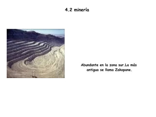 4.2 minería  Abundante en la zona sur.La más antigua se llama Zakopane. 