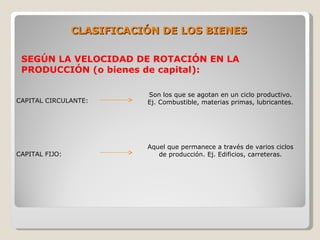 CLASIFICACIÓN DE LOS BIENES

 SEGÚN LA VELOCIDAD DE ROTACIÓN EN LA
 PRODUCCIÓN (o bienes de capital):

                           Son los que se agotan en un ciclo productivo.
CAPITAL CIRCULANTE:        Ej. Combustible, materias primas, lubricantes.




                           Aquel que permanece a través de varios ciclos
CAPITAL FIJO:                 de producción. Ej. Edificios, carreteras.
 