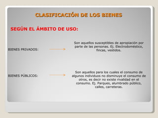 CLASIFICACIÓN DE LOS BIENES

 SEGÚN EL ÁMBITO DE USO:


                          Son aquellos susceptibles de apropiación por
                          parte de las personas. Ej. Electrodoméstico,
BIENES PRIVADOS:                        fincas, vestidos.




                           Son aquellos para los cuales el consumo de
BIENES PÚBLICOS:         algunos individuos no disminuye el consumo de
                              otros, es decir no existe rivalidad en el
                            consumo. Ej. Parques, alumbrado público,
                                         calles, carreteras.
 