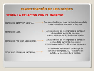 CLASIFICACIÓN DE LOS BIENES

 SEGÚN LA RELACION CON EL INGRESO:

BIENES DE DEMANDA NORMAL:      Son aquellos bienes cuya cantidad demandada
                                   crece cuando se aumenta el ingreso.


                                 Ante aumento de los ingresos la cantidad
BIENES DE LUJO:
                                      demandada aumenta mas que
                                 proporcionalmente. Ej. Perfumes, viajes.

                                Ante aumento de los ingresos la cantidad
BIENES DE PRIMERA NECESIDAD:        demandada aumenta menos que
                               proporcionalmente. Ej. Alimentos, gaseosas.

                                   La cantidad demandada disminuye al
                                  aumentar el ingreso. Ej. Transporte en
BIENES DE DEMANDA INFERIOR:          autobus y bienes de baja calidad.
 