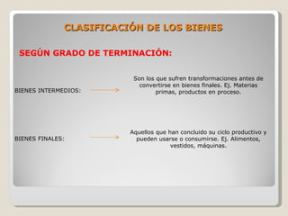 CLASIFICACIÓN DE LOS BIENES

 SEGÚN GRADO DE TERMINACIÓN:


                          Son los que sufren transformaciones antes de
                            convertirse en bienes finales. Ej. Materias
BIENES INTERMEDIOS:               primas, productos en proceso.




                         Aquellos que han concluido su ciclo productivo y
BIENES FINALES:            pueden usarse o consumirse. Ej. Alimentos,
                                       vestidos, máquinas.
 