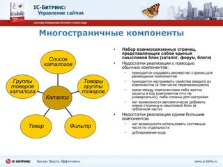 Многостраничные компоненты Набор взаимосвязанных страниц, представляющих собой единый смысловой блок (каталог, форум, блоги) Недостатки реализации с помощью обычных компонентов: приходится создавать множество страниц для размещения компонентов приходится настраивать свойства каждого из компонентов (в том числе пересекающиеся) связи между компонентами либо жестко зашиты в код компонентов (что не универсально), либо сложны для настройки нет возможности автоматически добавить новую страницу в смысловой блок (в публичной части) Недостатки реализации одним большим компонентом нет возможности использовать составные части по отдельности дублирование кода Группы товаров каталога Товар Фильтр Товары группы товаров Список каталогов Каталог 