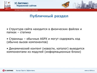 Публичный раздел Структура сайта находится в физических файлах и папках – статика Страницы  –  обычные  ASPX  и могут содержать код (обычно вызов компонентов) Динамический контент (новости, каталог) выводится компонентами из модулей  ( информационные блоки ) 