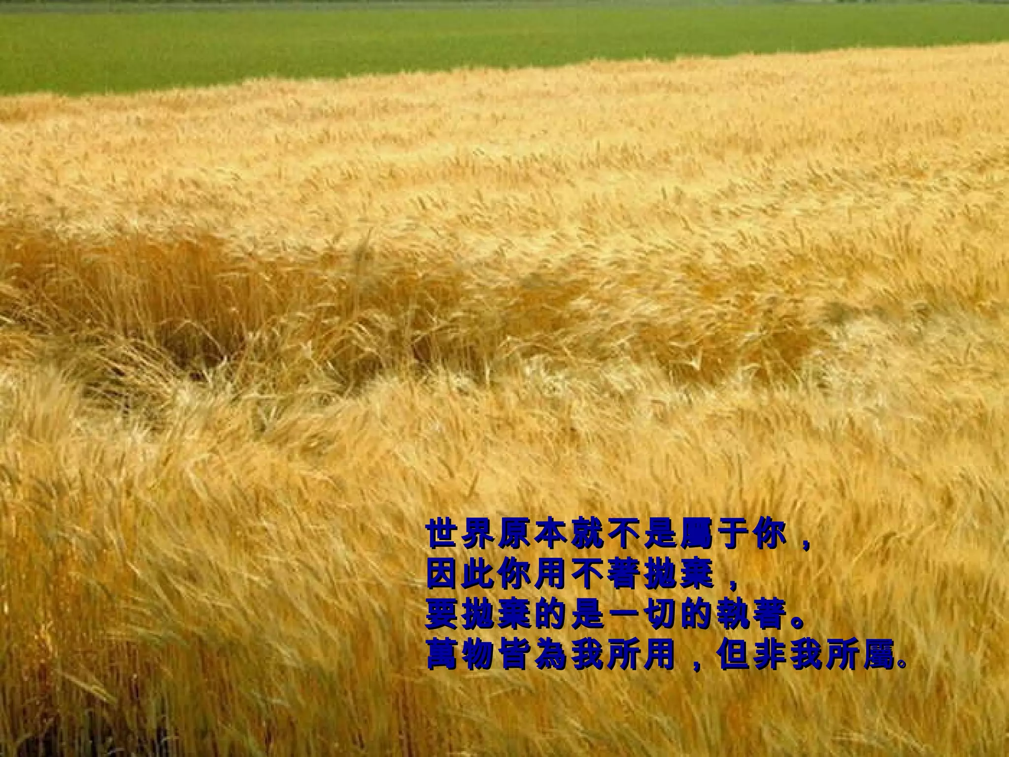 世界原本就不是屬于你， 因此你用不著拋棄， 要拋棄的是一切的執著。 萬物皆為我所用，但非我所 屬 。   