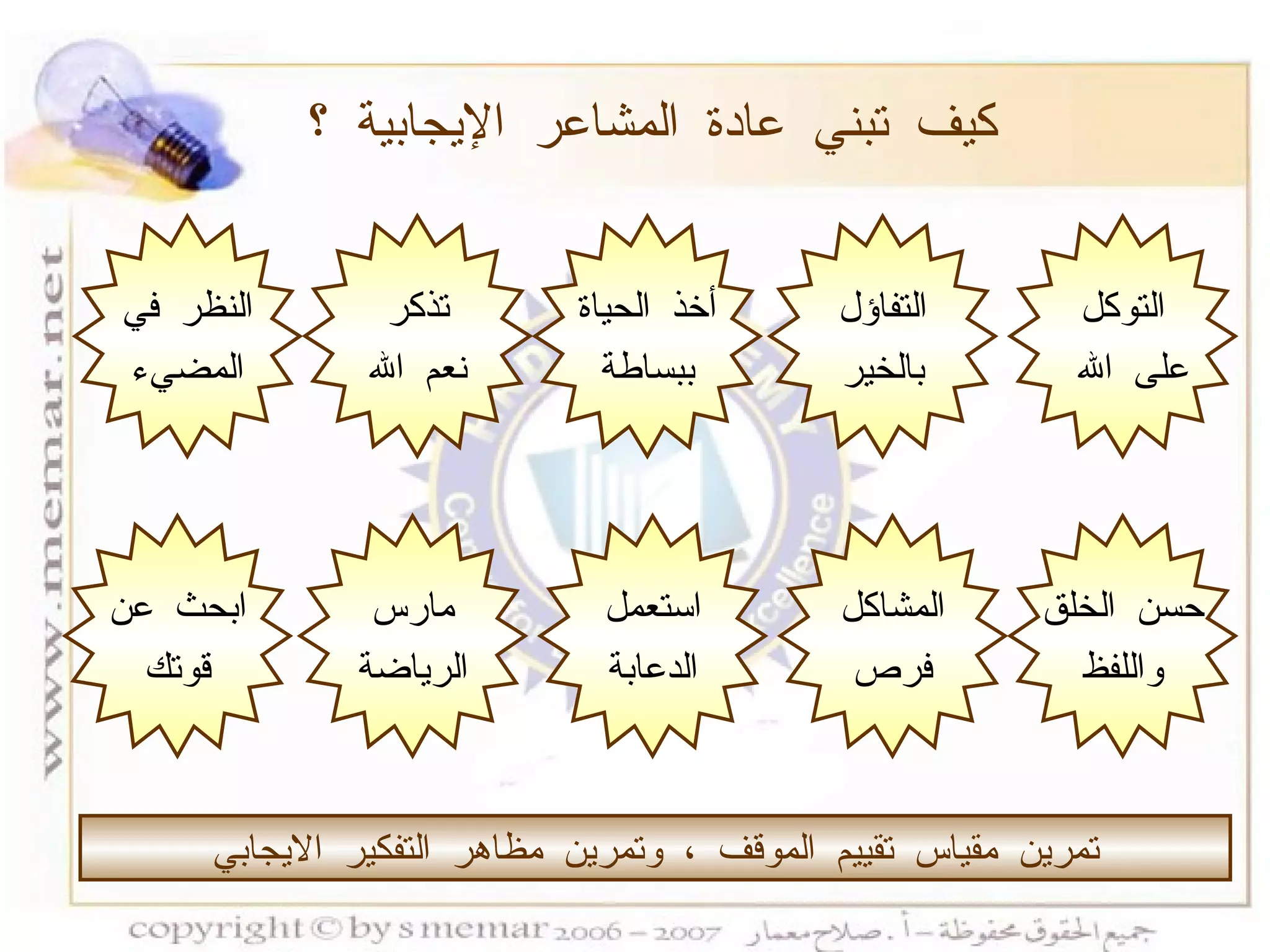 كيف تبني عادة المشاعر الإيجابية ؟ التوكل على الله التفاؤل بالخير أخذ الحياة ببساطة تذكر نعم الله النظر في المضيء حسن الخلق واللفظ المشاكل فرص استعمل الدعابة مارس الرياضة ابحث عن قوتك تمرين مقياس تقييم الموقف ، وتمرين مظاهر التفكير الايجابي 