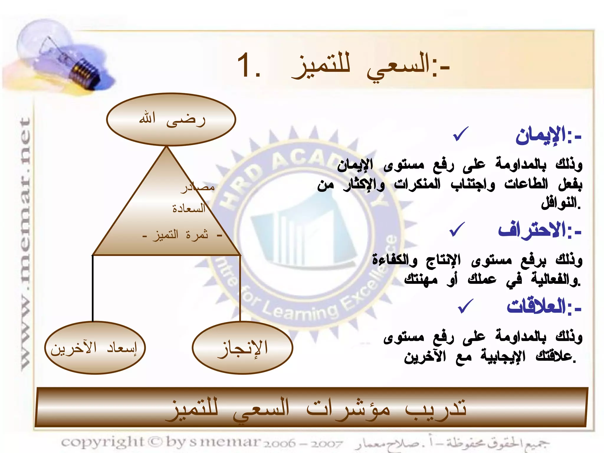 الإيمان  :- وذلك بالمداومة على رفع مستوى الإيمان بفعل الطاعات واجتناب المنكرات والإكثار من النوافل . الاحتراف  :- وذلك برفع مستوى الإنتاج والكفاءة والفعالية في عملك أو مهنتك . العلاقات  :- وذلك بالمداومة على رفع مستوى علاقتك الإيجابية مع الآخرين .   1.  السعي للتميز  :- تدريب مؤشرات السعي للتميز مصادر السعادة -  ثمرة التميز   - رضى الله الإنجاز إسعاد الآخرين 