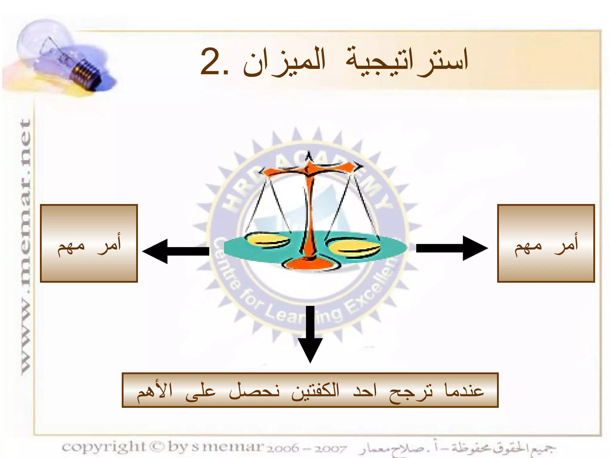 2.  استراتيجية الميزان عندما ترجح احد الكفتين نحصل على الأهم أمر مهم أمر مهم 