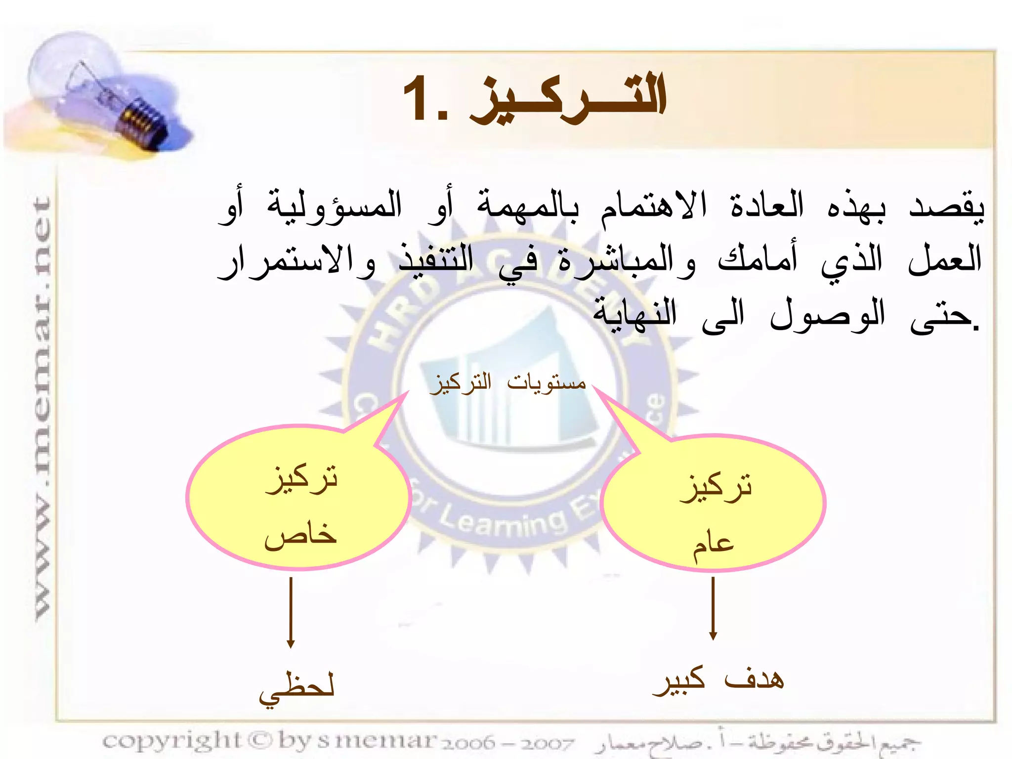 1.  التـــركــيز تركيز عام تركيز خاص لحظي هدف كبير يقصد بهذه العادة الاهتمام بالمهمة أو المسؤولية أو العمل الذي أمامك والمباشرة في التنفيذ والاستمرار حتى الوصول الى النهاية  . مستويات التركيز 
