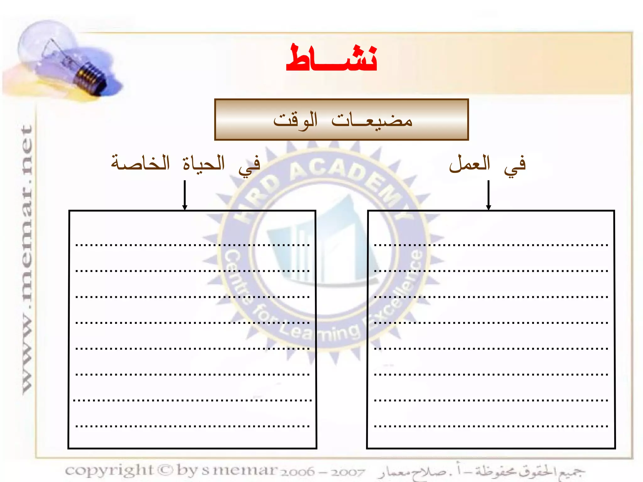 نشـــاط ................................................ ................................................ ................................................ ................................................ ................................................ ................................................ ................................................ ................................................ ................................................ ................................................ ................................................ ................................................ ................................................ ................................................ ................................................. ................................................ مضيعــات الوقت في العمل في الحياة الخاصة 