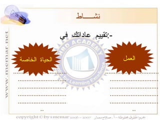 العمل الحياة الخاصة نشـــــاط  تقييم عاداتك في  :- ................................................................................................................................................. ................................................................................................................................................. 