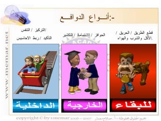 قطع الطريق  /  الحريق  /  الأكل والشرب والهواء  . الحوافز  /  الابتسامة  /  التكشير التركيز  /  التنفس  /  التأكيد  /  ربط الاحاسيس  أنـــواع الدوافـــع  :- للبقاء الخارجية الداخلية 