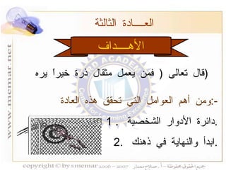 الأهــــداف قال تعالى  (  فمن يعمل مثقال ذرة خيراً يره  )  العــــادة الثالثة  ومن أهم العوامل التي تحقق هذه العادة  :- 1 .  دائرة الأدوار الشخصية  . 2.  ابدأ والنهاية في ذهنك  . 