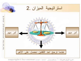 2.  استراتيجية الميزان عندما ترجح احد الكفتين نحصل على الأهم أمر مهم أمر مهم 