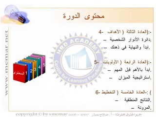 4-  العادة الثالثة  (  الأهداف  ):- دائرة الأدوار الشخصية  . ابدأ والنهاية في ذهنك  .  5-  العادة الرابعة  (  الأولويات  ):- ابدأ بالأهم قبل المهم . استراتيجية الميزان  . 6-  العادة الخامسة  (  التخطيط ) :- النتائج المنطقية  . المرونة  . محتوى الدورة المحتوى 1 3 4 5 2 