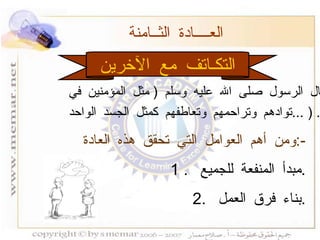 التكـاتف مع الآخرين العــــادة الثــامنة  ومن أهم العوامل التي تحقق هذه العادة  :- 1 .  مبدأ المنفعة للجميع  . 2.  بناء فرق العمل  . قال الرسول صلى الله عليه وسلم  (  مثل المؤمنين في  توادهم وتراحمهم وتعاطفهم كمثل الجسد الواحد  ... ) .  