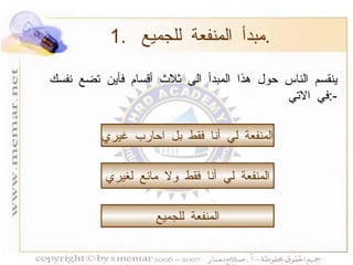 1.  مبدأ المنفعة للجميع  . ينقسم الناس حول هذا المبدأ الى ثلاث أقسام فأين تضع نفسك في الاتي  :- المنفعة لي أنا فقط بل احارب غيري المنفعة لي أنا فقط ولا مانع لغيري المنفعة للجميع 